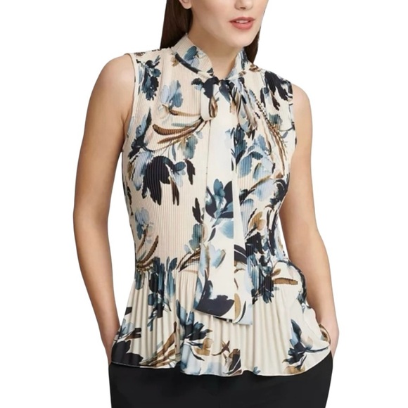 DKNY Pleated Floral-Print Sleeveless Blouse Size L - Picture 2 of 13